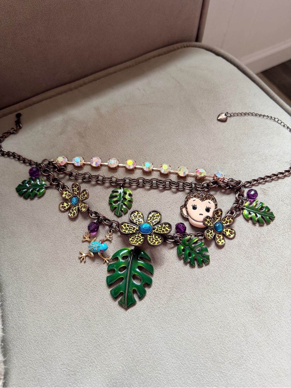 Betsey Johnson Green Enamel Tropical Charm Necklace with Floral and Frog Accents